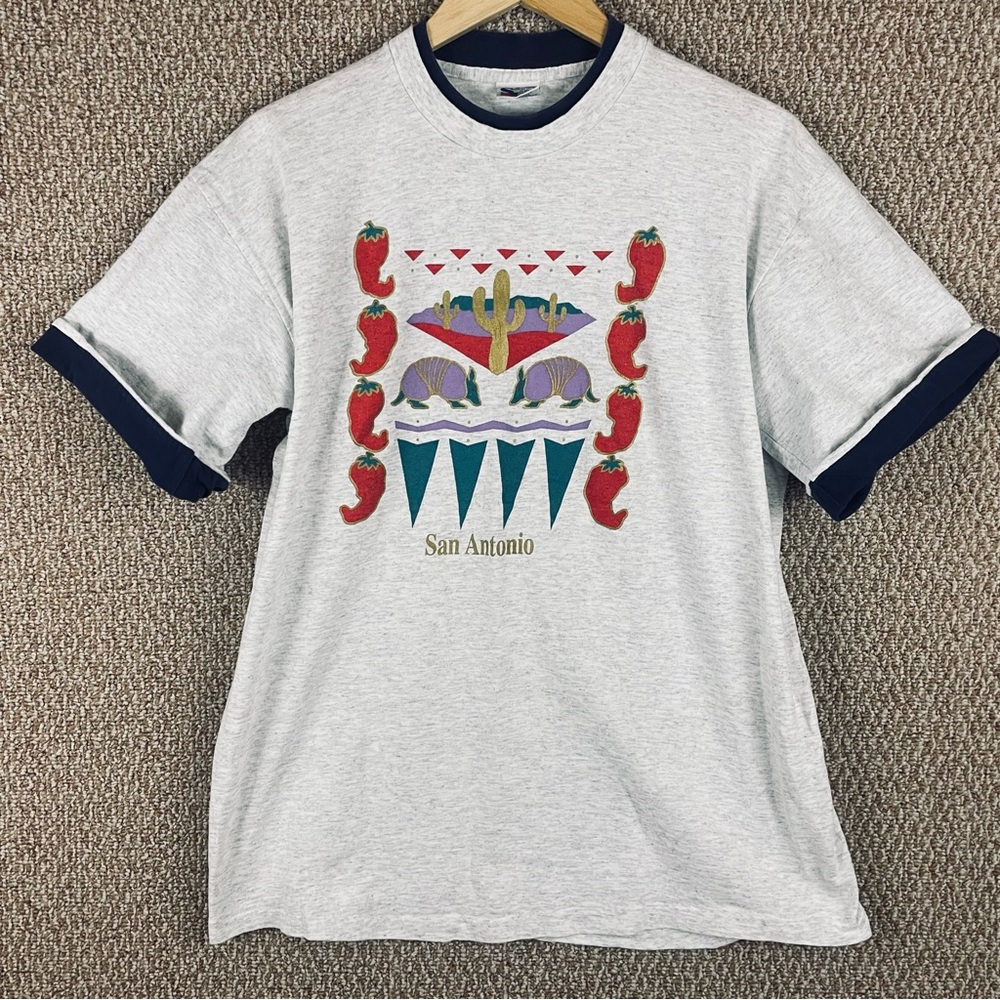 Vintage T-Shirt Men’s XL Texas Chili Peppers 90s Retro Armadillo Ringer USA B16